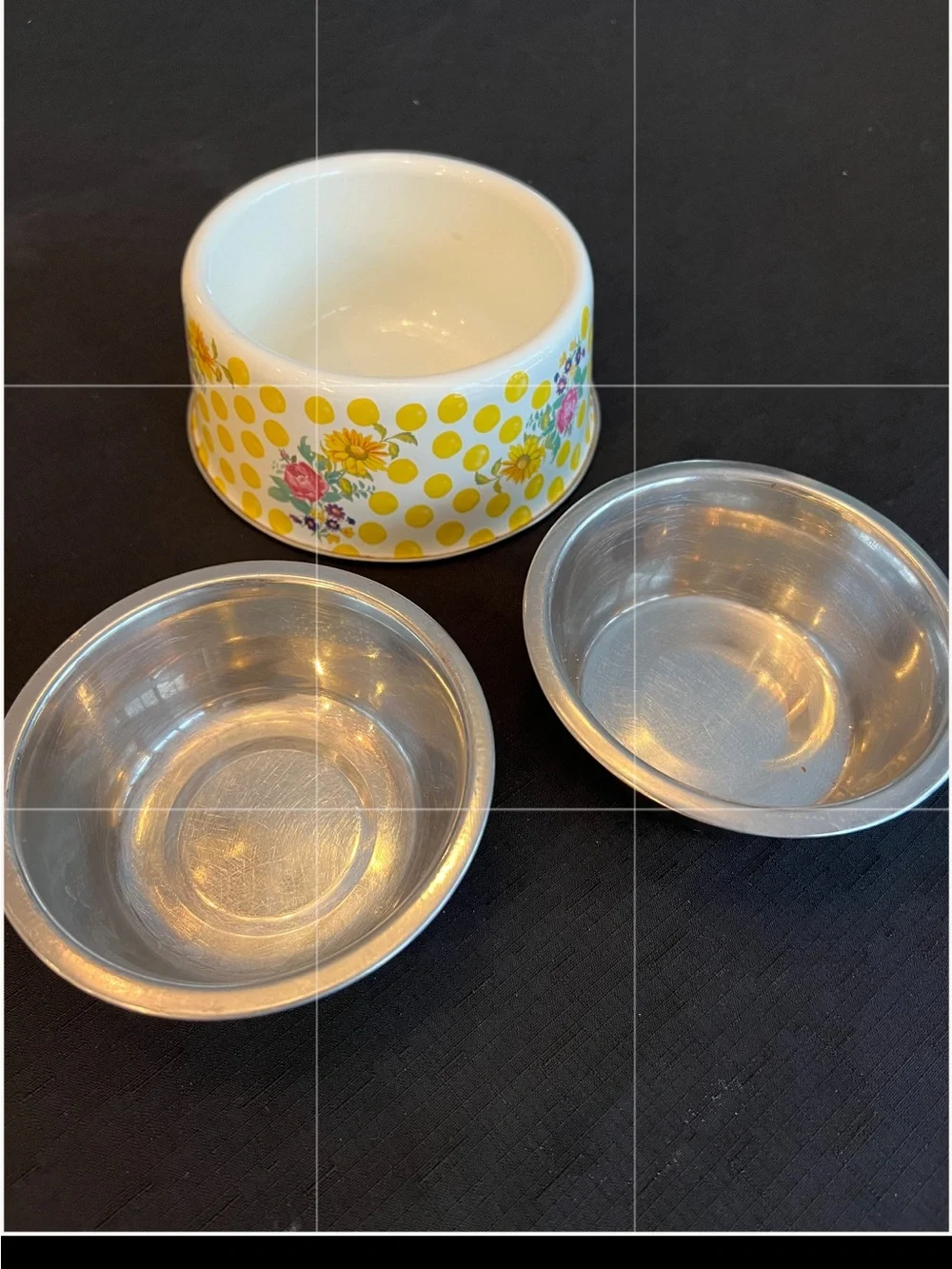 MacKenzie Childs Polka Dot Floral Pet Bowl with Two Silver Metal Inserts